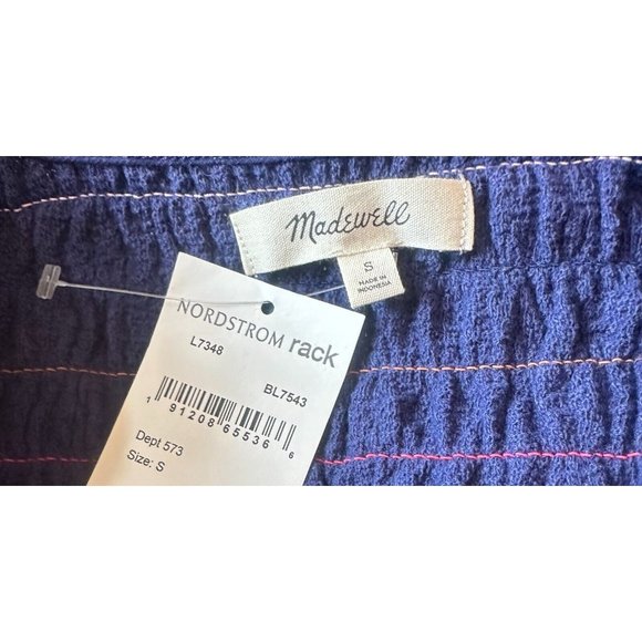 Madewell Sleeveless Tank Top Size Small Blue Rainbow Stitch Smocked Stretch NEW - Picture 3 of 3